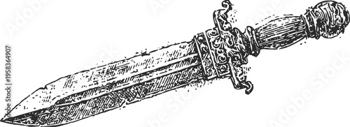 Antique ornate dagger with detailed engraved blade and decorative hilt illustration