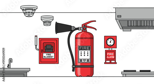 Various fire safety equipment, including an extinguisher, smoke detectors, and an alarm, are arranged in a room with a white wall.