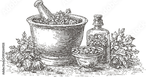 Vintage mortar and pestle with herbs and glass bottles, hand drawn botanical illustration