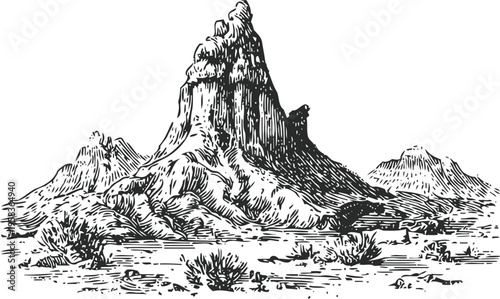 desert mountain landscape with rugged peaks and sparse vegetation in vintage engraving