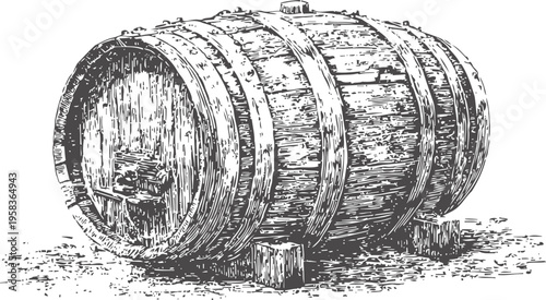 Vintage wooden barrel lying on its side with metal hoops and detailed wood grain texture