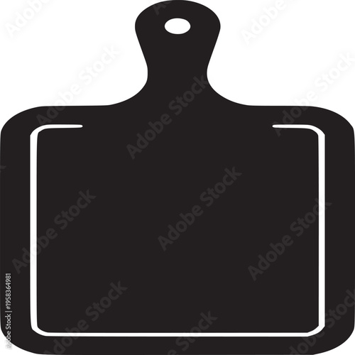 A black and white graphic illustration of a cutting board with a handle and rounded corners design