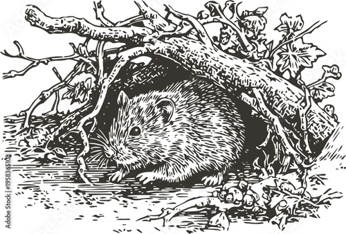 wild mouse hiding under dry branches in natural forest habitat vintage line drawing