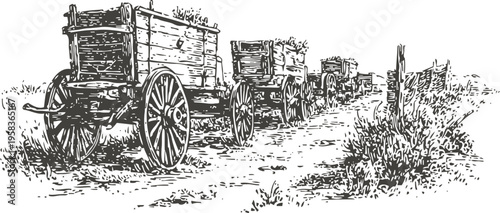 Old wooden wagons lined up along a rural dirt road in vintage engraving