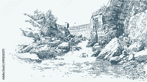 Rocky riverbank with natural vegetation and stone wall in detailed hand drawn illustration