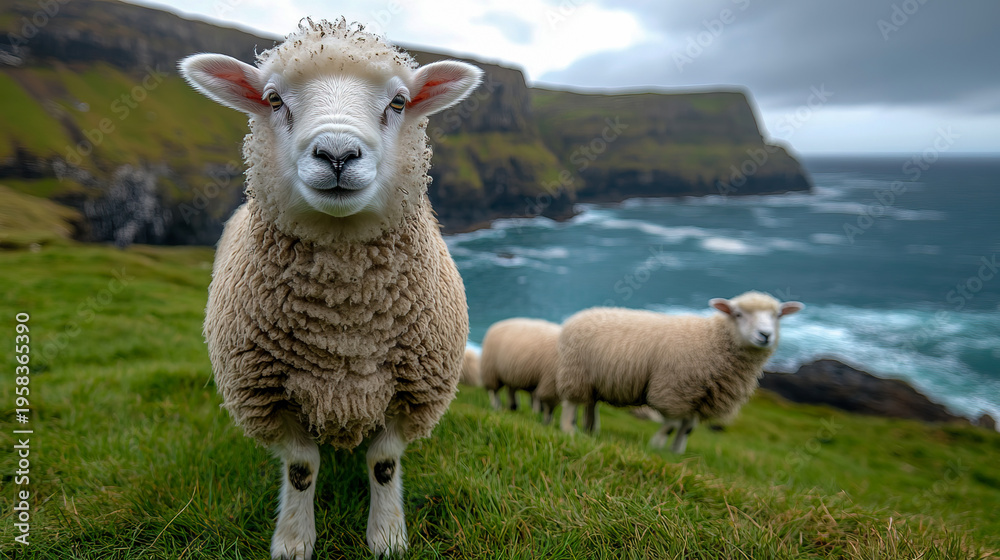 Fototapeta premium Close-up, front-facing fluffy sheep stands prominently on vibrant green grassy hill overlooking dramatic, deep blue choppy ocean and rugged coastal cliffs under cloudy, overcast sky, with other sheep 