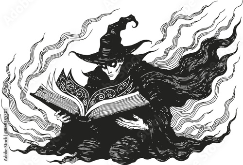 Dark wizard reading magical book with flowing cloak and mystical energy lines