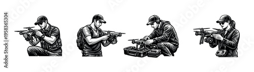 Drone operator illustrations set, black and white vector elements, people with drones