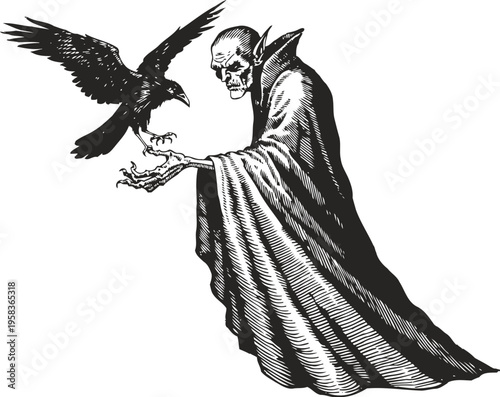 Dark vampire character with skull face and flowing cape holding a black raven perched on hand