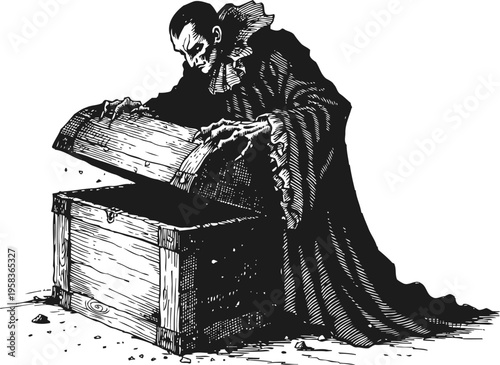 Vampire opening wooden coffin with skeleton inside gothic horror vampire illustration