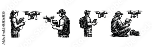 Illustrative black and white vector of people operating drones, vintage sketch style