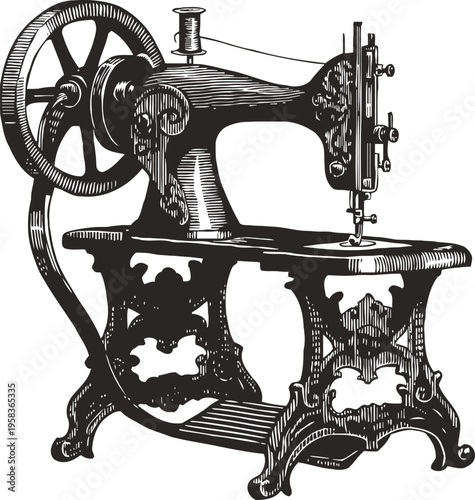 Antique sewing machine with hand crank and ornate cast iron base vintage textile equipment