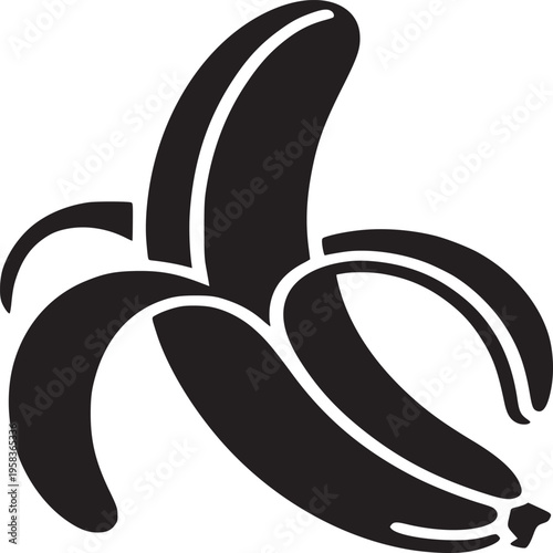 A black and white graphic illustration of a partially peeled banana on a white background space