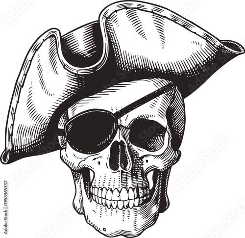 Detailed pirate skull with eyepatch and classic tricorn hat in vintage engraving