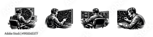 Black and white vector illustration of radar operators at control stations in silhouette style