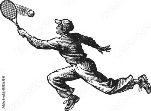 Tennis player lunging to hit a fast ball with racket in dynamic athletic pose