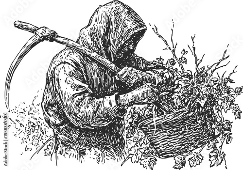 Medieval peasant harvesting crops with scythe, basket full of plants, rustic agricultural work
