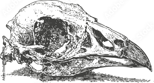 Detailed black and white illustration of a bird skull with sharp beak anatomy