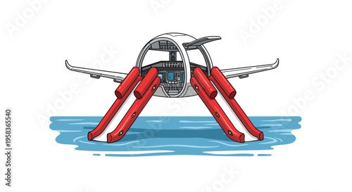 An airplane cockpit floats on blue water with two red emergency slides deployed from its sides.