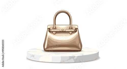 A shiny gold handbag with a top handle is displayed on a round white marble pedestal.