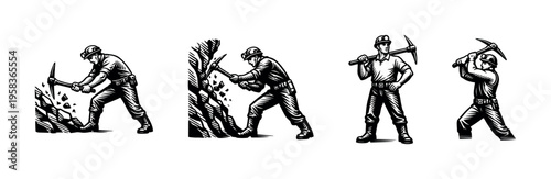 Black and white coal miner illustrations, worker with pickaxe, detailed vector clipart set