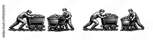 Vintage miner silhouette clipart, coal mining workers, black and white industrial vector illustration