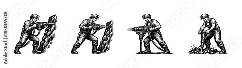 Vintage black and white vector illustration of miners using drilling equipment
