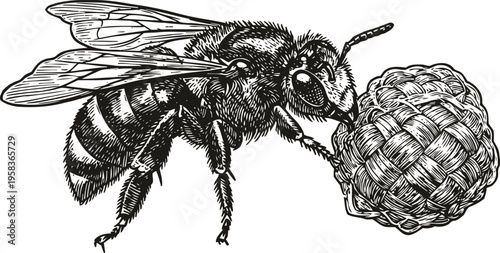Detailed black and white illustration of a bee carrying a textured ball, insect nature drawing