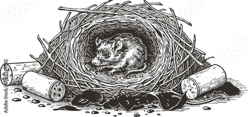 Mouse inside a detailed bird nest surrounded by sticks and dried leaves forest animal natural habitat