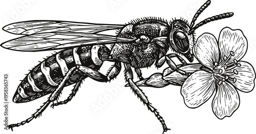 Detailed black and white illustration of a wasp perched on a blooming flower with delicate petals