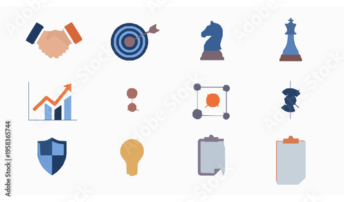 Business core values icons set with trust handshake target strategy growth chart and innovation vector collection