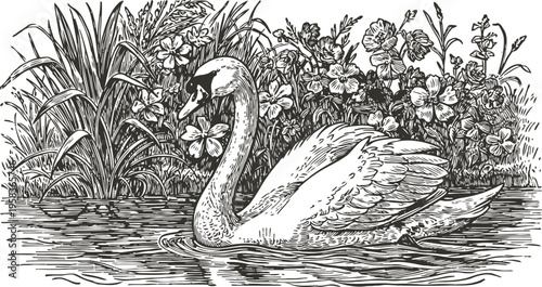 Graceful swan swimming in a pond surrounded by blooming flowers and aquatic plants detailed ink drawing