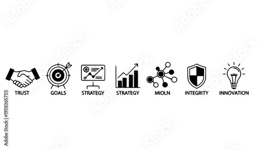 Minimal line core values icons with handshake target growth chart and strategy symbols vector outline set