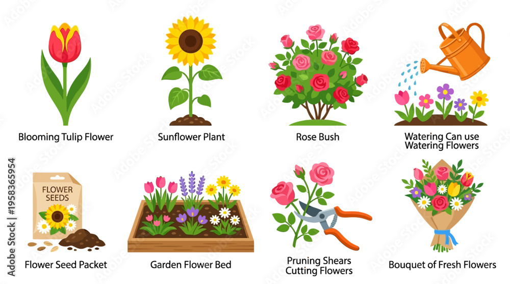 Fototapeta Vector illustration of a vibrant garden scene with blooming flowers, a rose bush, and a watering can, surrounded by gardening tools and a flower seed packet.