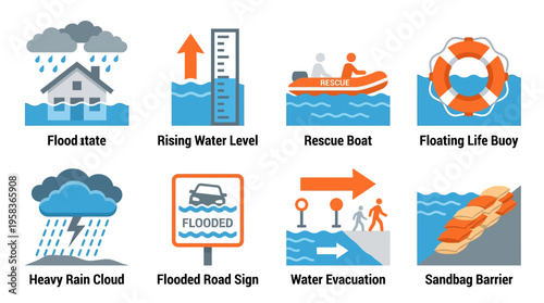 Vector illustration of flood scene with rescue boat and people evacuating due to heavy rain and rising water level in city