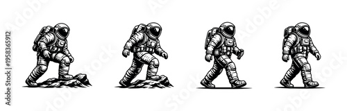 Astronaut walk sequence black and white illustration, space exploration vector clipart