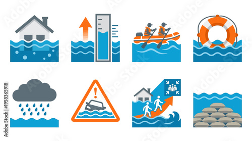 Vector illustrations of people experiencing severe weather conditions and natural disasters with floods and storms causing destruction in various environments.