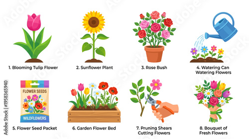 A vector illustration of a beautiful bouquet of fresh flowers with a watering can and gardening tools on a garden flower bed with a blooming tulip flower and sunflower plant nearby.