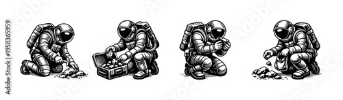 Astronauts collecting rocks black and white illustration vector space exploration theme