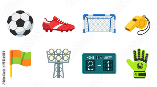 A digital vector illustration of a soccer scene with ball, cleats, goal, dog, flag, floodlight, scoreboard, and goalkeeper glove.
