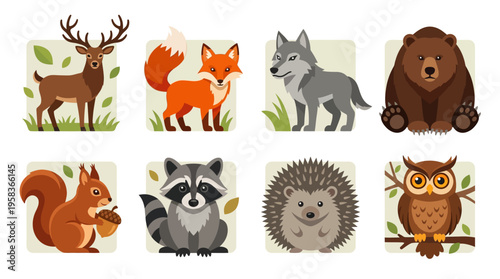 Vector illustrations of forest animals in a natural setting with wildlife creatures.