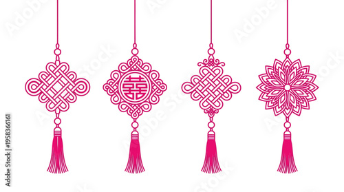 A vector illustration of four intricately designed pink tassel ornaments hanging from strings, showcasing traditional patterns and motifs in a decorative arrangement.