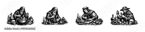 Medieval alchemist illustrations, monks and elders creating potions, black and white vector art