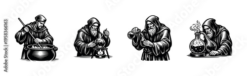 Medieval alchemist figures, black and white, vector illustration, silhouette art