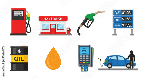 A vector illustration of a gas station with various fueling elements and a car.
