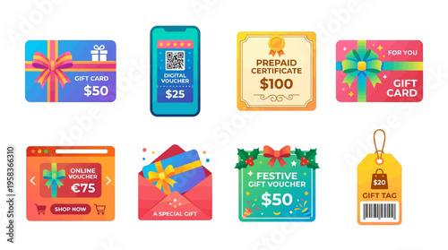 Vector illustrations of colorful gift cards and tags with various designs and amounts on a digital template for festive occasions.