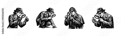 Detective characters inspecting with magnifying glasses illustrated in black and white silhouette style