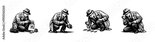 Detective investigating crime scene illustration, detective figures, black and white vector