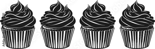 Cupcake dessert illustration set, sweet bakery treats with cream frosting, pastry food icons for confectionery, celebration, cafe menu and baking design concept