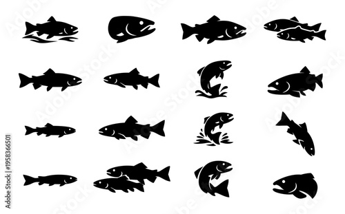 Trout Fish Silhouette Set Freshwater Fishing Icons Black Solid Shapes